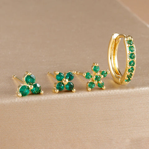 4PCS 18K Gold Plated Flower Round Piercing Earrings