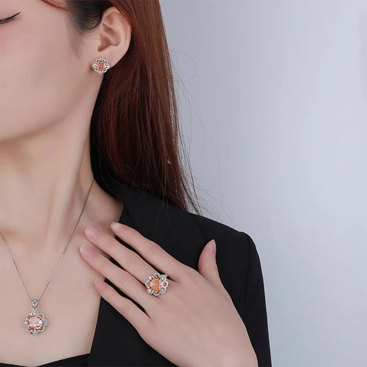 2024 Luxury Padparadscha Tourmaline Necklace Pendant Rings Earrings Wedding Party Fine Jewelry Sets for Women Anniversary Gifts