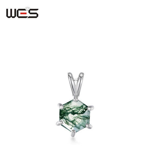 WES 925 Sterling Silver Hexagon Natural Moss Agate Pendant Necklace for Woman 7*7mm Rhodium Plated Engagement Gift Wholesale