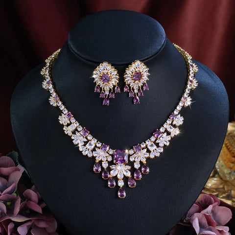 ThreeGraces Gorgeous Shiny Purple Square Zirconia Luxury Water Drop Bridal Wedding Evening Party Jewelry Set for Women T1058