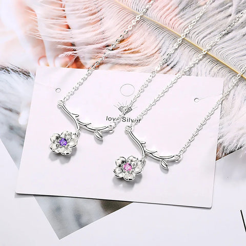 Cute Lovely Branches Cherry Blossoms Pendant Necklaces For Women Shiny Crystal Pink/Purple Zirconia Flower Elegant Neck Jewelry