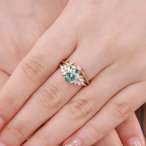 Oval Shaped Natural Moss Agate Engagement Ring