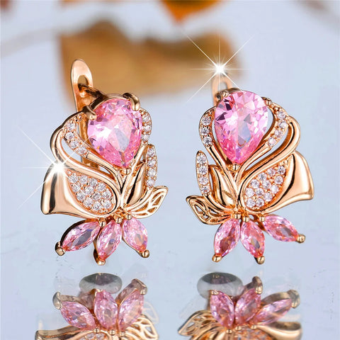 Luxury Female Pink Zircon Stone Hoop Earrings