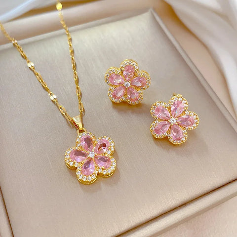 Women's Pink Crystal Cherry Blossom Flower Pendant Necklace (40cm + 5cm) Luxury Jewelry Free Shipping