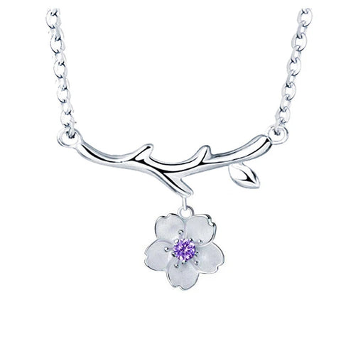Cute Branches Cherry Flower Pendant Necklaces Shiny Crystal Zirconia Copper Romantic Female Elegant Neck Jewelry Accessories