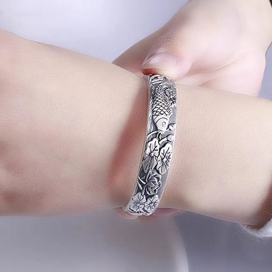 Silver 925 Retro Exquisitely carved Lotus flower bracelet