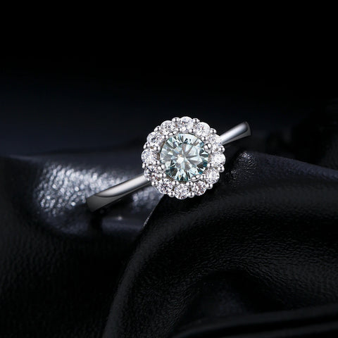 MODIAN D Color Green Teal Moissanite Halo Ring