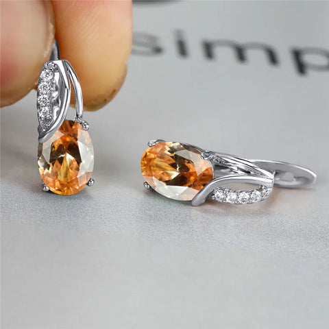 Aqua Blue Zircon Oval Stone Earrings Multicolor Crystal Hoop Earrings
