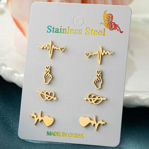 4Pairs/Lot Fashion Stainless Steel Star Moon Stud Earrings Sets