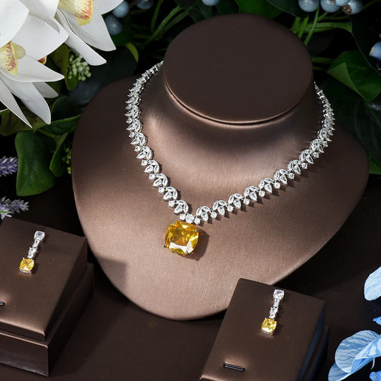 HIBRIDE 2PCS Square Design Women Necklace And Earring Sets Cubic Zirconia Yellow Color Jewelry Sets For Bridal Wedding N-1126
