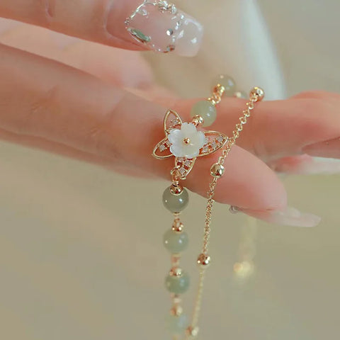 Double Layers Green Jade Flower Butterfly Jewelry