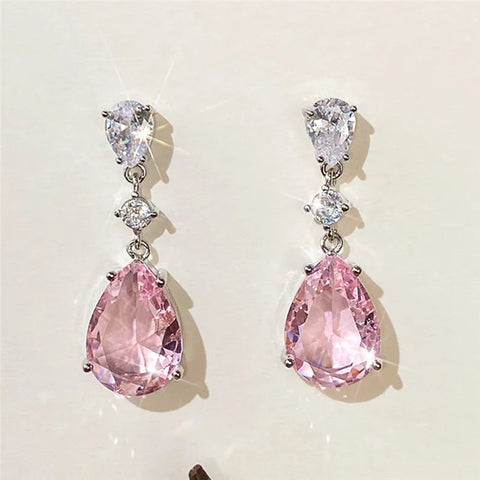 925 Sterling Silver Sweet Pink Pear Cubic Zirconia Drop Earrings