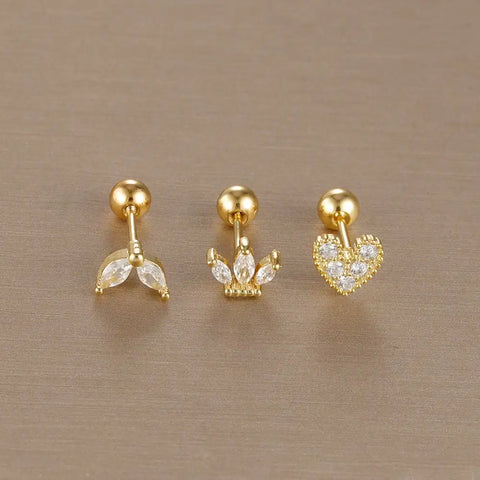 3PCS Stainless Steel Gold Color Crown Stud Earring