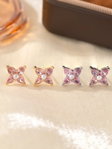 925 Sterling Silver Cute Pink Zircon Petal Earrings