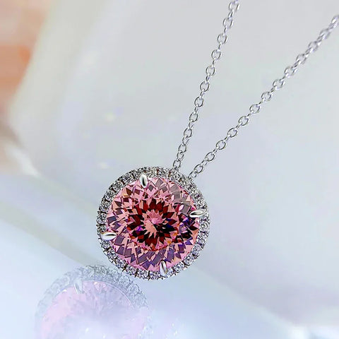 Pink Gem Necklace 5Ct S925 Sterling Silver Plate Platinum Jewelry Inlaid High Carbon Diamond Pendant Chain