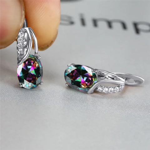 Aqua Blue Zircon Oval Stone Earrings Multicolor Crystal Hoop Earrings