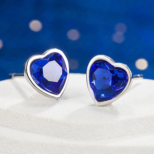 New in 925 Sterling Silver Heart Blue Crystal Stud Earrings