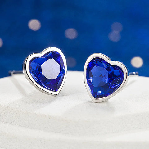 New in 925 Sterling Silver Heart Blue Crystal Stud Earrings