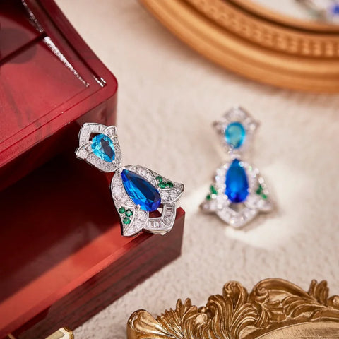 Designer Style Stud Earrings Necklace Women Lady Inlay Cubic Zircon Synthetic Sapphire Tassels Dinner Party Jewelry Sets