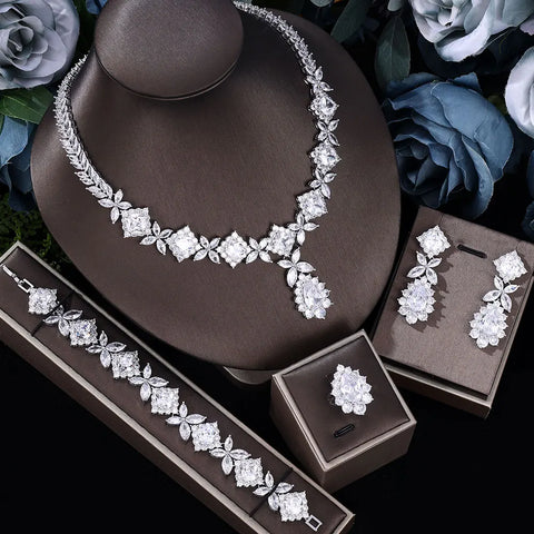 2022 Popular Cubic Zirconia Wedding Jewelry Set Women's Bride 4 Earrings Necklace Set Promotion
