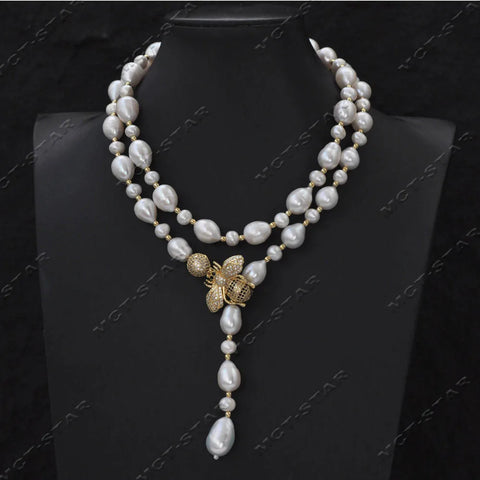 Z13663 30" White Gray Round Rice Freshwater Pearl Necklace Keshi Pearl Pendant CZ Custom Jewelry