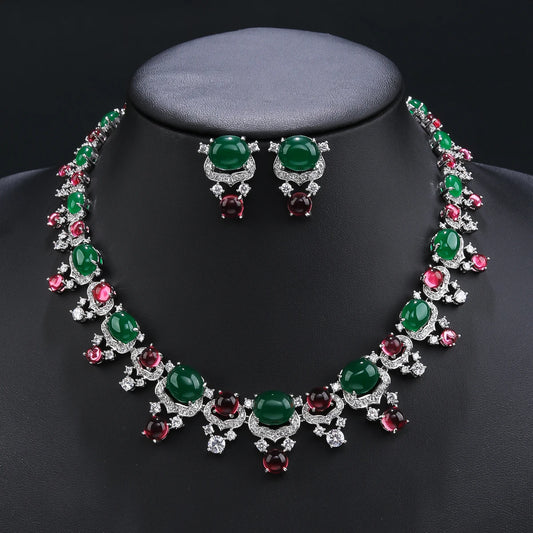 Luxury Cubic Zirconia Imitation agate stone Bridal Wedding Jewelry Set Ladies Party Lip Pendant Necklace Earrings Set  CN11330