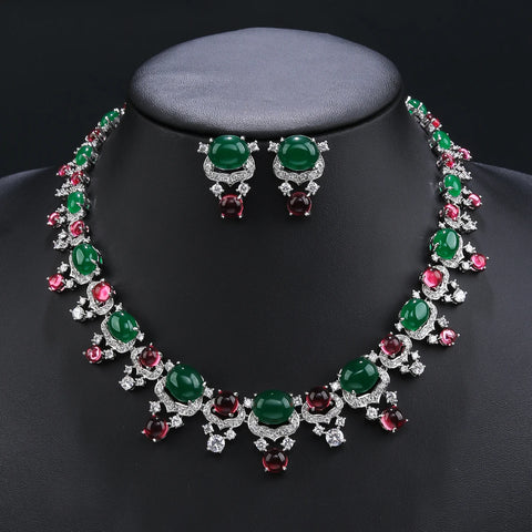 Luxury Cubic Zirconia Imitation agate stone Bridal Wedding Jewelry Set Ladies Party Lip Pendant Necklace Earrings Set  CN11330
