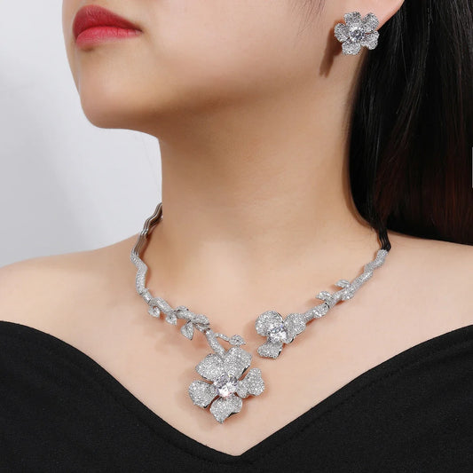Elegant Flower Necklace Earrings, European Jewelry Bridal Wedding Party, Dress Accessories Fashion CZ Jewelry Set CN11315
