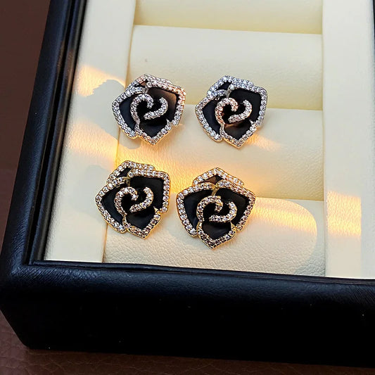 French Vintage Black Oil Drip Zircon Tea Rose Earrings