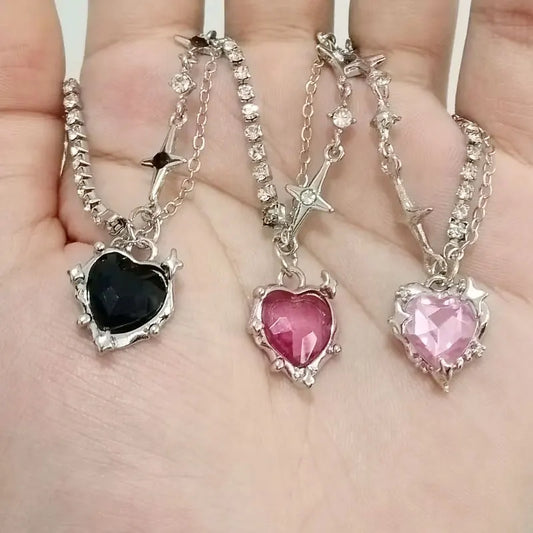 Y2K Pink Crystal Heart Pendant Necklace Women Sweet Cool Girl Punk Clavicle Chain Fashion Aesthetic Necklace Jewelry Gift 2024