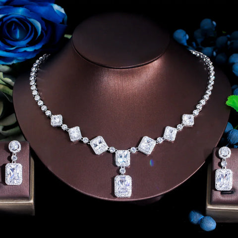 ThreeGraces Elegant Purple Cubic Zirconia Big Square CZ Drop Earrings and Necklace Bridal Wedding Jewelry Set for Women TZ882