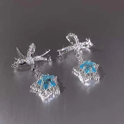 Kpop Y2K Blue Crystal Star Pendant Earrings