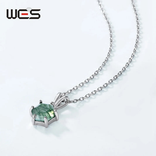 WES 925 Sterling Silver Hexagon Natural Moss Agate Pendant Necklace for Woman 7*7mm Rhodium Plated Engagement Gift Wholesale