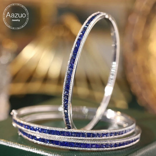 Aazuo 18K Pure White Gold Natrual Blue Sapphires