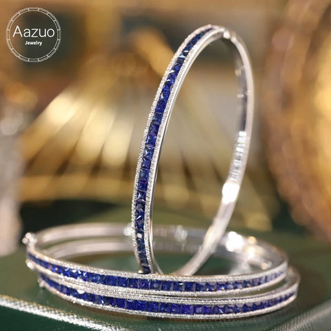 Aazuo 18K Pure White Gold Natrual Blue Sapphires