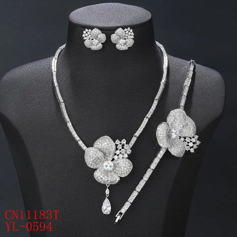 Luxury 3-piece Cubic Zirconia Flower Necklace Earrings Bracelet Set Bridal Wedding Accessories CN11183T