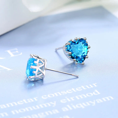 925 Sterling Silver Heart Blue Zircon Stud Earring
