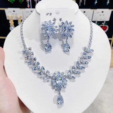 Adjustable Waterdrop Pendant Zirconia Necklace Earrings Women New Silver Color Bridal Wedding Fashion Jewelry Set Party Gifts