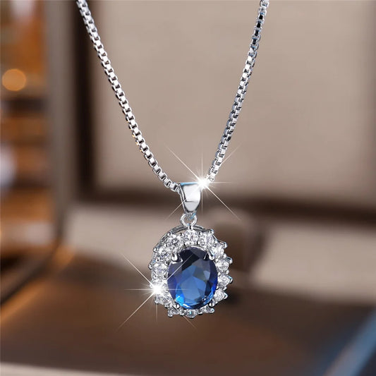 Female Crystal Red Blue Zircon Oval Stone Pendant Necklace Vintage Silver Color Wedding Jewelry For Women