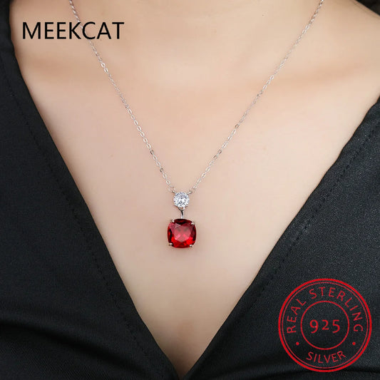 Cushion Cut Red Natural Garnet Ruby 925 Sterling Silver Square Pendant Necklace for Women Gemstone Jewelry Colar de Prata