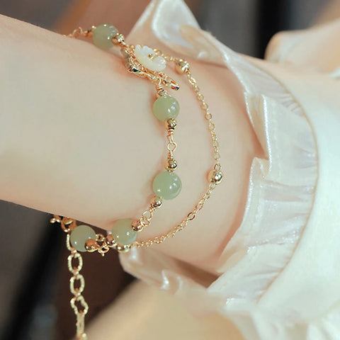 Double Layers Green Jade Flower Butterfly Jewelry