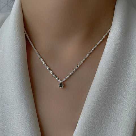 Green Zircon Sparkling 925 Silver Elegant Simple Light Luxury Clavicle Chain Necklace for Women