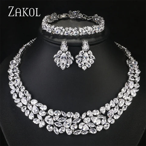 ZAKOL Brand Luxury White Dubai Nigeria Jewelry Set for Women CZ Zirconia Earrings Necklace Sets Bridal Wedding Dress