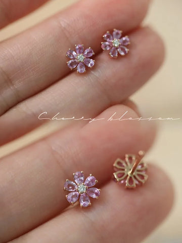 925 Silver Pink Tourmaline Flower Ear Stud Cherry Earrings