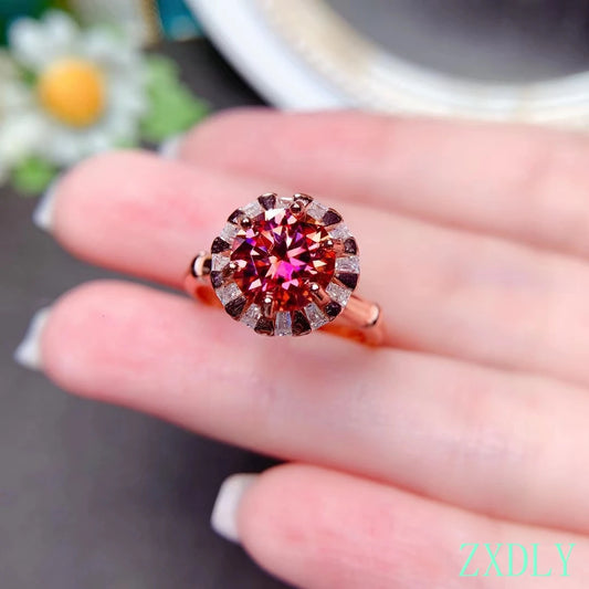 Red Moissanite Ring Real 925 Silver Fine Jewelry