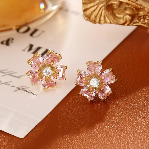 Elegant Pink Zircon Flower Ear