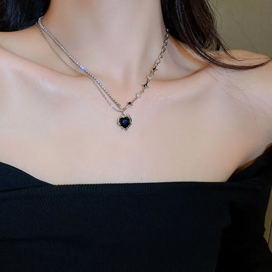 Y2K Pink Crystal Heart Pendant Necklace Women Sweet Cool Girl Punk Clavicle Chain Fashion Aesthetic Necklace Jewelry Gift 2024