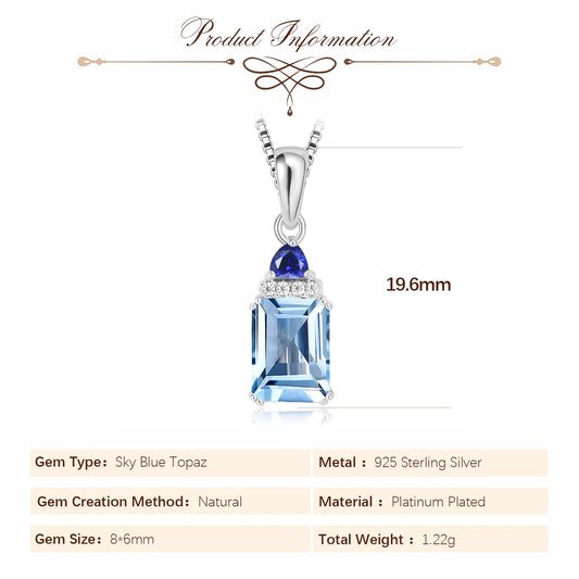 Potiy Emerald Cut Sky Blue Topaz Created Sapphire 925 Sterling Silver Pendant Necklace for Woman Without Chain Daily Jewelry