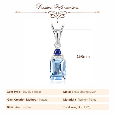 Potiy Emerald Cut Sky Blue Topaz Created Sapphire 925 Sterling Silver Pendant Necklace for Woman Without Chain Daily Jewelry