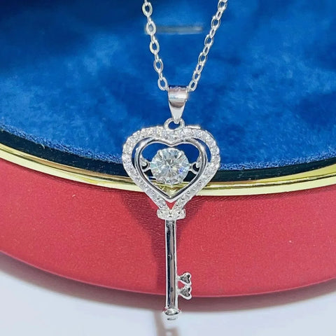 Moissanite Diamond Necklace Women's Light Luxury NicheS925 Silver 50 Parts Moissanite Heart Spirit Key Pendant Christmas Gift